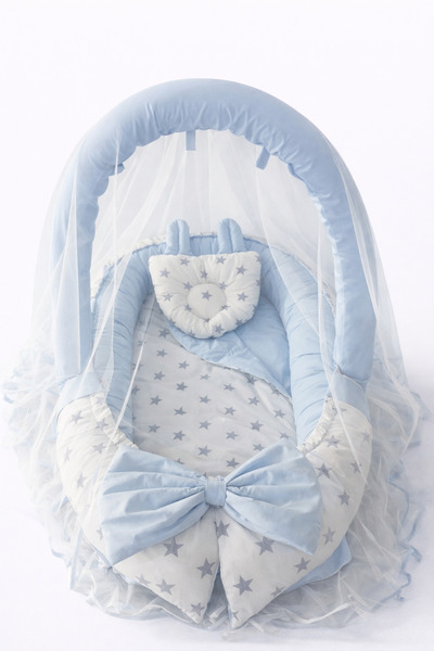 Jaju Baby Mavi Kulaklı Cibinlik Tüllü - Oyuncak Aparatlı Babynest - Premium J...