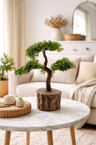 Lineva Doğal Kütük Üstü Yapay Bonsai Ağacı | Ev Ofis Masaüstü Dekoratif Ağaç