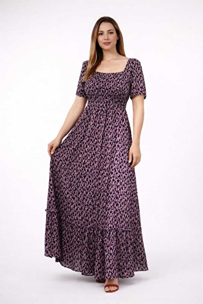 Butik Milenass Siyah Çiçek Desenli Kısa Kol Göğüs Kısmı Lastikli Yazlık Uzun ...