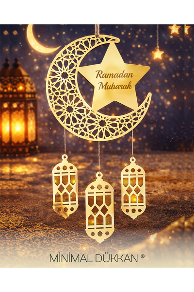MİNİMAL DÜKKAN Ramazan Mubarak Kapı Süsü Gold Pleksi – 25 cm Hilal Yıldız Tas...