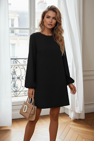 Mossta Minimalist Crew Neck Straight Cut Mini Imported Crepe Dress - Black
