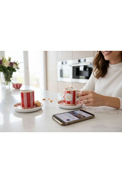 Turkuaz Porselen طقم فناجين قهوة أليس الأحمر مكون من 4 قطع لشخصين