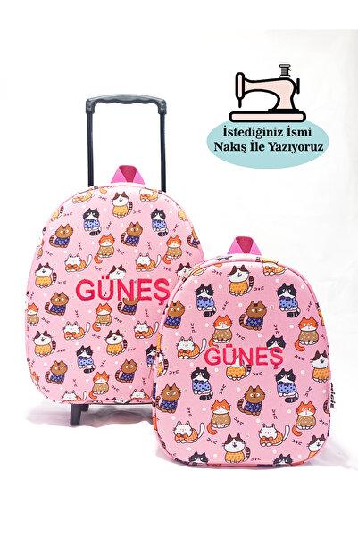 migie Kişiye Özel İsimli Çekçekli Çanta ve Sırt Çantası Anaokulu/Kreş Seti (2'li Set) Pembe Kediler 2-6Yaş