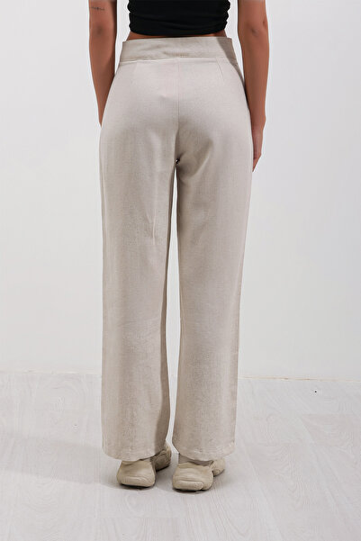 HAKKE Women's Crest Detailed Velcro Wide Leg Linen Trousers