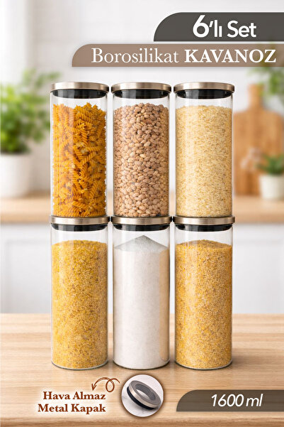 Lizzy 6 Lı 1600 ML Borosilikat Cam Kavanoz Vakumlu Metal Kapaklı Erzak Saklam...