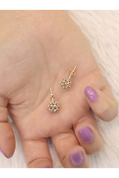 Zeynepli gold & jewelry 14 Ayar Altın Çift Renk Dorikalı Top Küpe