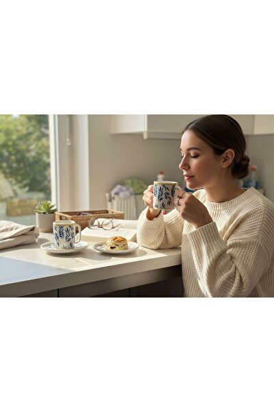 Turkuaz Porselen Krono Porselen 4 Parça 2'li Kahve Fincan Takımı 100 Ml Klasik