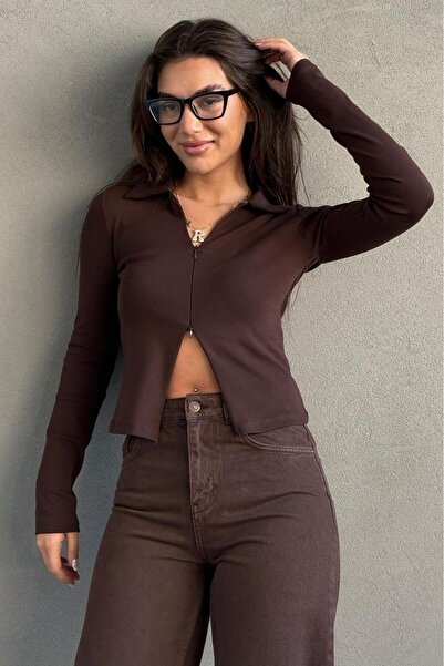 Madmext Brown Polo Neck Double Zipper Slim Fit Women's Body Mg2652
