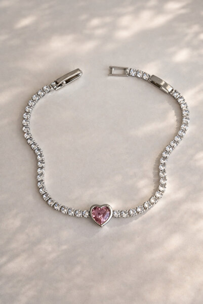 Owentis سوار قلب وردي من الفولاذ الفضي - لا يبهت