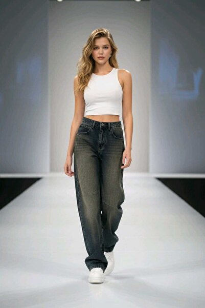 Livik Baggy Jeans Buckle Detailed Blue Top Green Tint Chemical Super High Wai...