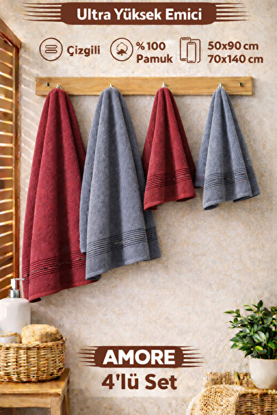 BAMİROSE 50x90 70x140 CM AMORE BATH 4'LÜ BANYO HAVLU TAKIMI, PLAJ HAVLUSU, HA...
