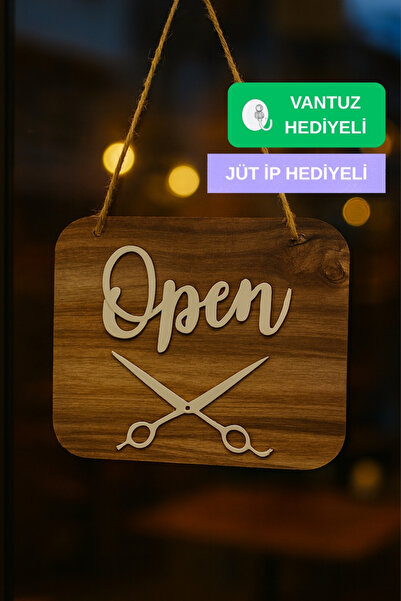 Kutaydan Ahşap Dekoratif Kesim Open-Closed Yazılı Tabela