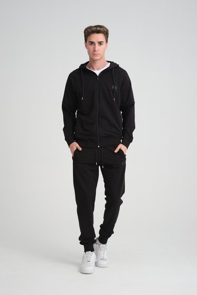 İng drop Men's Soft Fabric Hooded Zippered Embroidered Black Tracksuit Set