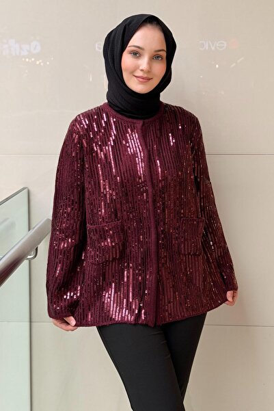Ghisa Waterway Sequined Front Snap Fastener Knitwear Jacket