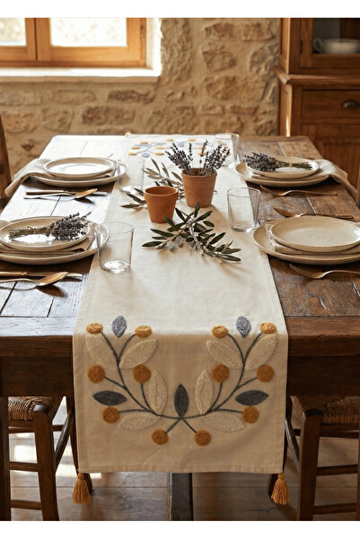 Destiva Home Buldan İşi Çiçek Desen Nakışlı Sarı Püsküllü Pamuk Runner (40x13...