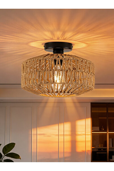 Generic مصباح سقف بوهيمي من ليون هوم مصنوع يدويًا من الخيزران - مناسب لغرفة ا...