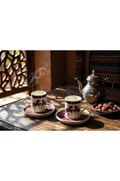 Turkuaz Porselen طقم فناجين قهوة من البورسلين بنقش الحصان الروسي لشخصين مكون ...