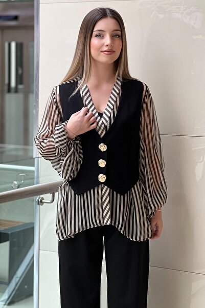 MİANOTTE Bluză din organza cu dungi set cu vestă