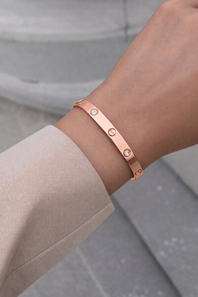 Owentis Çelik Rose Gold Taşlı İkonik Model Klasik Kelepçe 5mm -kararma yapmaz-