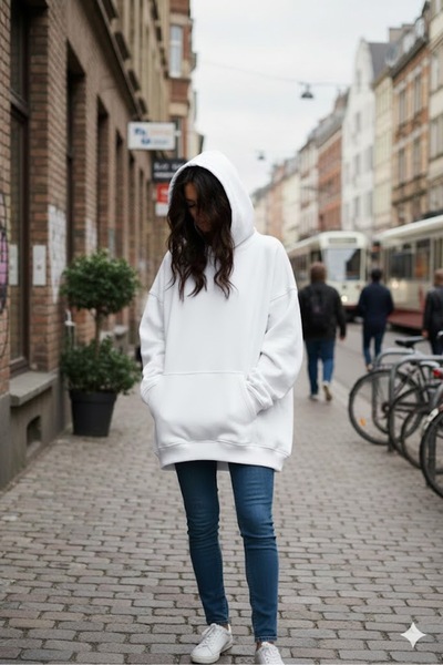 LADY HAZAL White Hooded Model Oversize Battal Kalıp Regular Unisex Sports Swe...