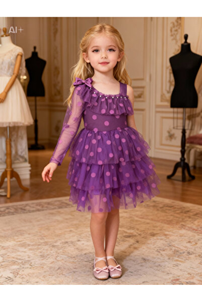 HMZ GOLD Tek Kollu Puantiyeli Elbise- Mezuniyet-dogum Günü Ve Kutlama Elbise