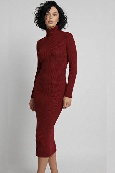 Ulino Uzun Kollu Balikçi Yaka Fitilli Fitted Triko Elbise
