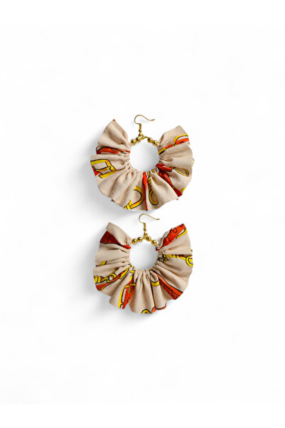 maia Women's Gold Color Hoop Dangle Earrings – Beige Chain Pattern Fabric Bea...