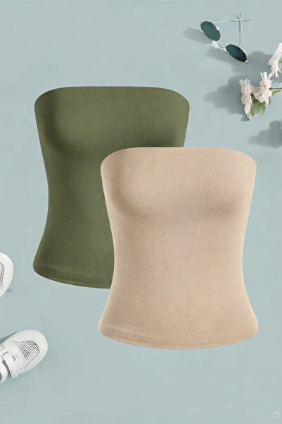 Olyssia Women's mink & khaki long strapless tank top - stylish, bodycon, stre...