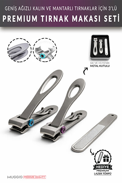 Muggio Ultra Geniş Ağızlı Tırnak Makası Seti 3 Parça | Kalın ve Mantarlı Tırn...