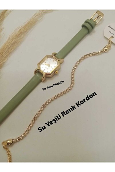 Brality حافظة ذهبية مربعة الشكل - تصميم ريترو - حزام بلون أخضر مائي - ساعة يد...