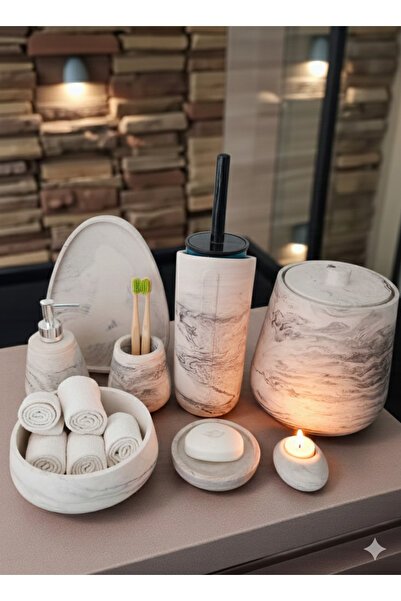 Trust Stone Mermer Desen 11 Parça Beton Banyo Seti,Tuvalet Wc,Çöp Kova,Sabunl...