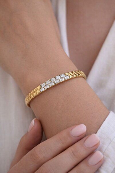 BY YASİN TOPÇU 💖 Kalp Taşlı Işıltılı Gold Renk Zarif Kelepçe 💖