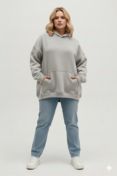 LADY HAZAL Gri Kapşonlu Model Oversize Plus Size Regular Kalıp UNİSEX Büyük B...