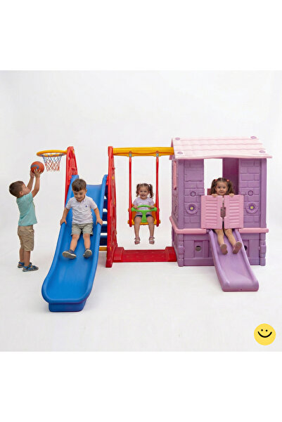 MUPARK Oyun Evi Kaydırak Salıncak Basket Potası 3'ü 1 Arada Set Bahçe Kreş An...