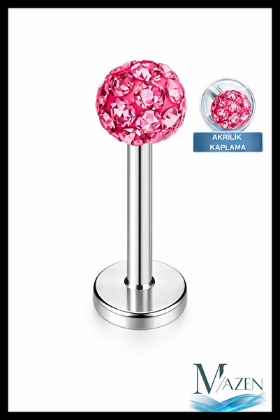 MAZEN Zirkon Taşlı Piercing | 8 Mm Fuşya | Kararmaz Çelik | Kıkırdak Tragus D...