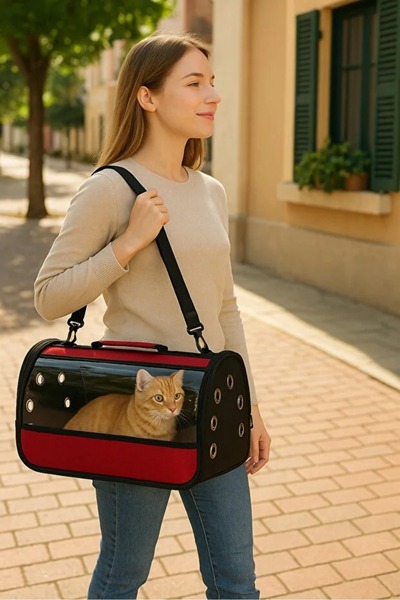 BE ACTİVE Şeffaf Kedi Köpek Taşıma Çantası Kırmızı