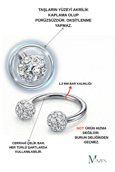 MAZEN Kristal Taşlı Akrilik Kaplamalı Kararmaz Cerrahi Çelik Nal Piercing ( Beden Seçenekli)