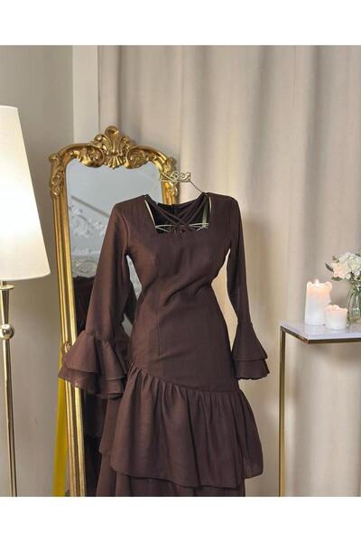 vanus fashion 5648 -فستان بني كلاسيكي بلمسة أنيقة