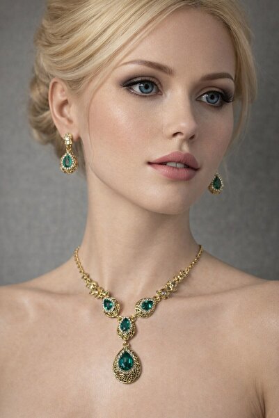 BB wikiki Otantik Hürrem Sultan Yeşil Taşlı Kolye Küpe Seti