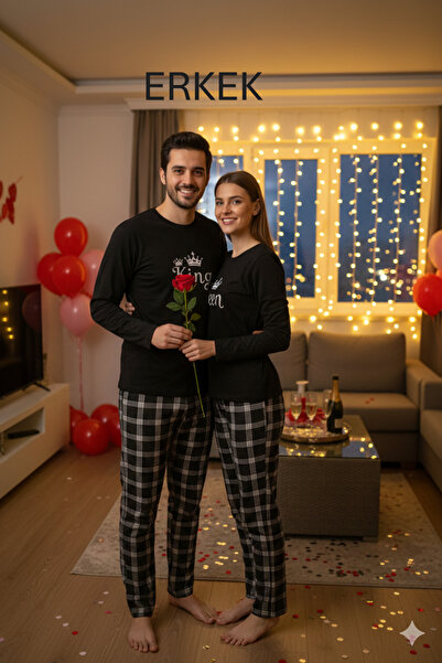 HAYAL HOME WEAR King Queen Baskılı Sevgili Kombini Alt Üst Pijama Takımı ERKEK