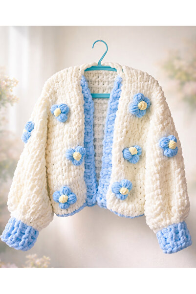 Okozturk (BEDEN IÇİN SATICIYA SORUNUZ) Mavi Çiçekli Puffy El Örgüsü Hırka & V...