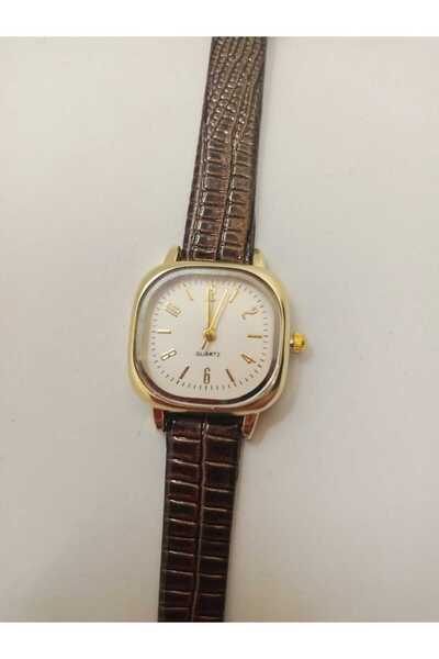 QUARTZ ساعة يد نسائية بتصميم كلاسيكي مربع ورقمي - نمط ثعبان بني داكن - علبة ذ...