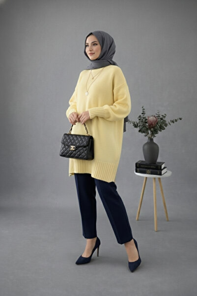 MODASPARK Sarı Bisiklet Yaka Oversize Triko Tunik