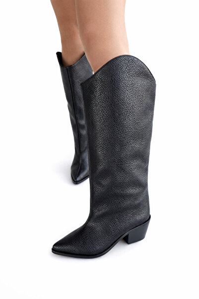 POTEEN Leo Kadın XL Kesim Geniş Konç Kalın Topuklu Floter Çizme C321-Siyah