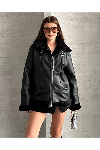 timagna Kadın Siyah Oversize Kürklü Deri Ceket Dik Yaka Biker Toka Detaylı Su...