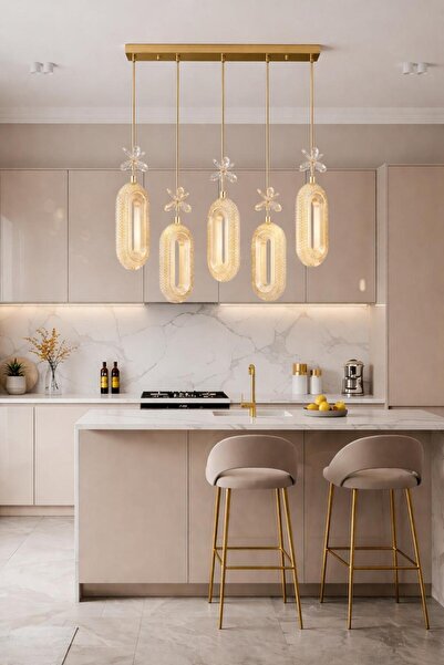 AURA LIGHTING Gold Elips 5'Li Yemek Masası Modeli 3 Renk LED Modern Avize