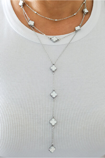 DENİZDENAL Y Kolye Çoklu Tarz 3lü Kolye White Silver