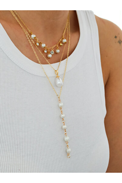 DENİZDENAL Y Necklace Multi Style 3-Piece Pearl Necklace Gold