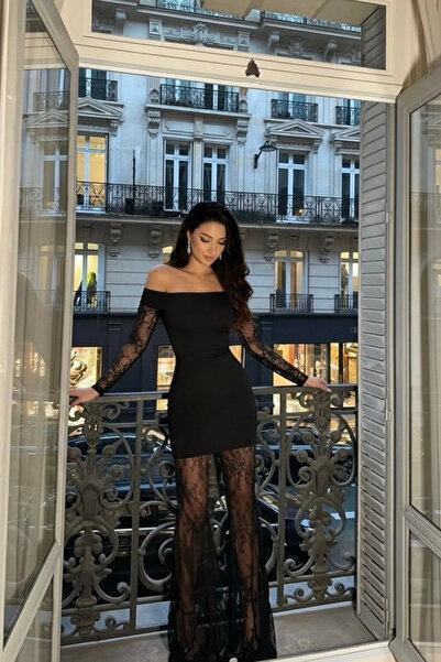 Love Fab Rochie de seară transparentă cu detaliu din dantelă cu guler Madonna