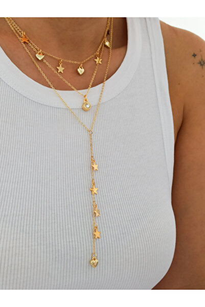 DENİZDENAL Y Necklace Multi Style 3 Star Necklace Gold